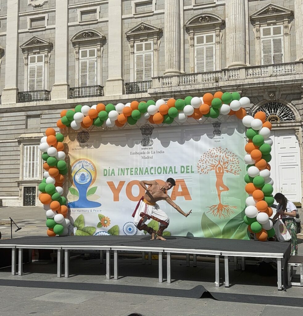 International day of yoga celebrated in Madrid 2025. A bharatanatyam performance took place on the stage in Madrid, in front of the royal palace, Plaza de Oriente.
