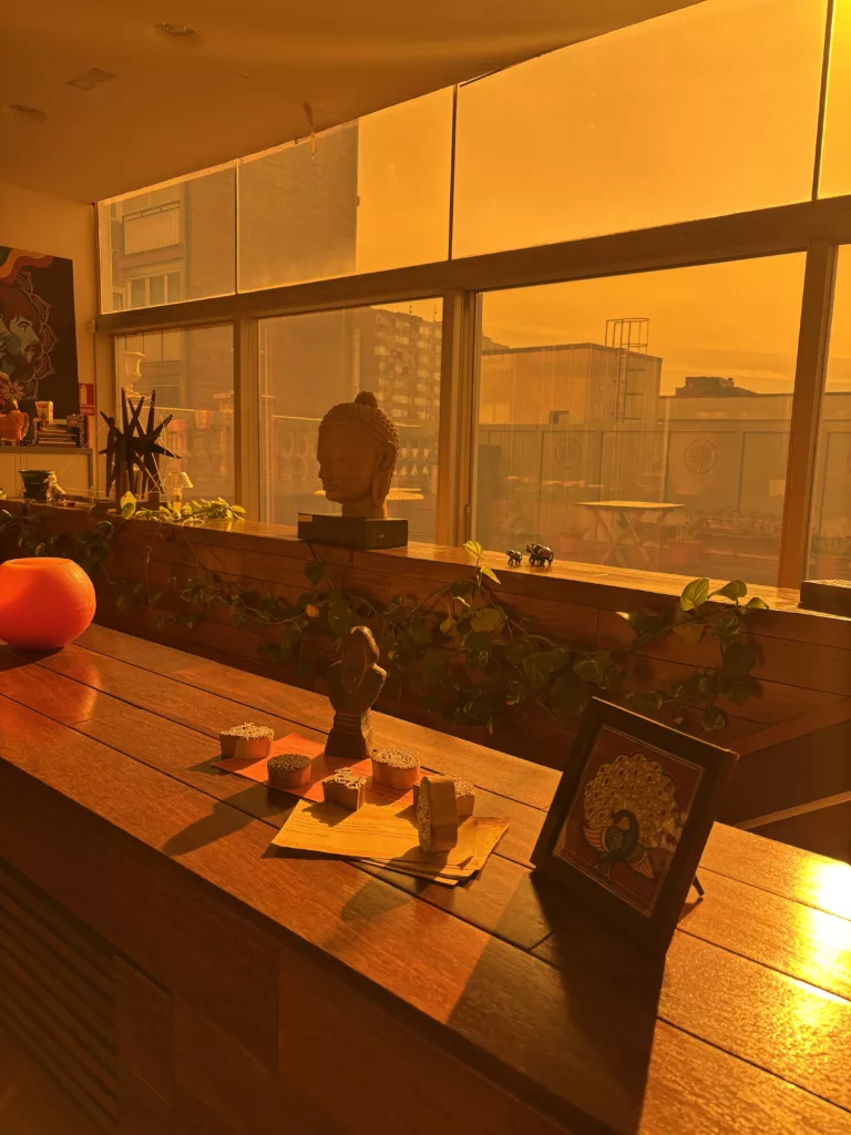 One of the beautiful spaces of Casa de la India, Valladolid. With traditional indian figures, idols and decoration.